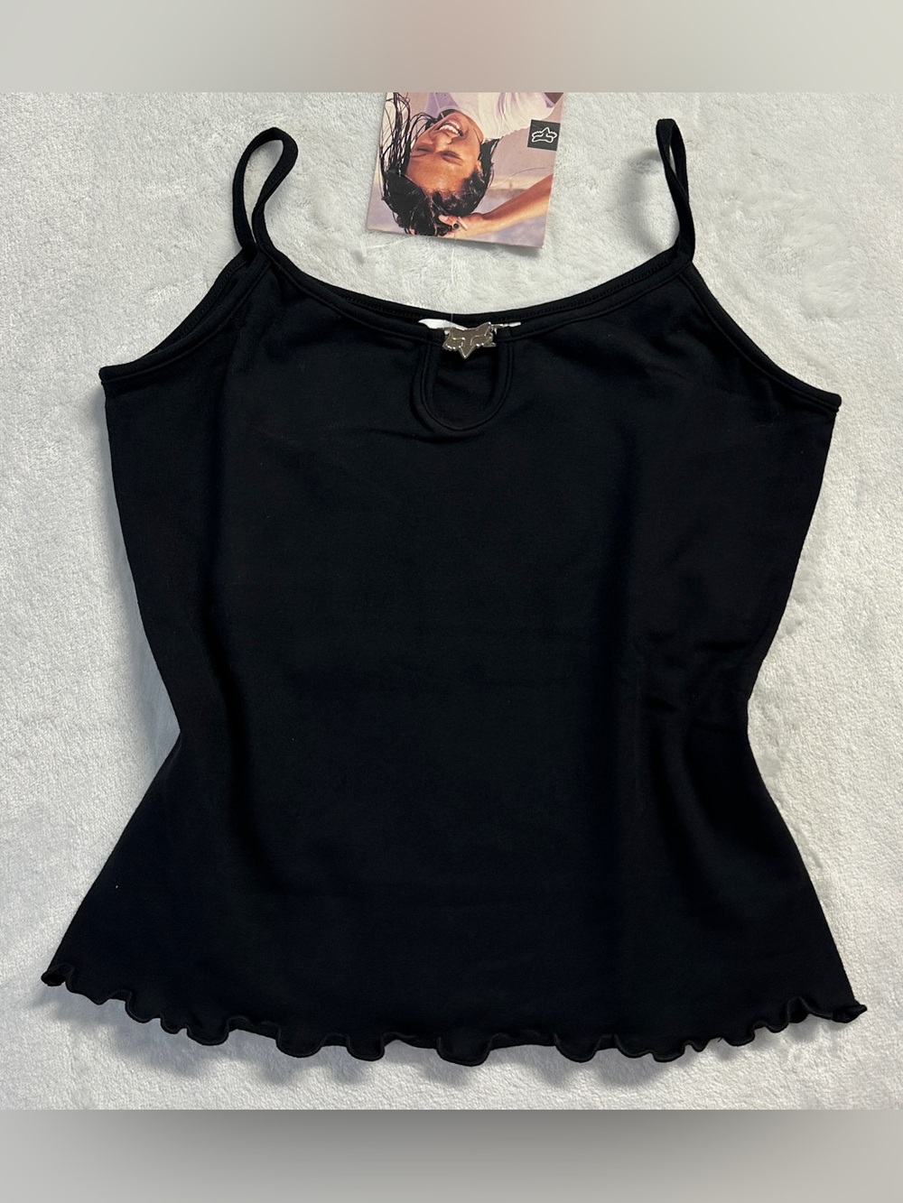 Y2K FOX women's deadstock black lettuce trim tank with silver hardware, XS.